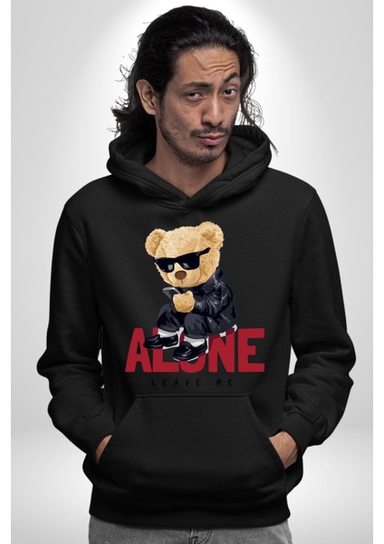 Yalnız ve Havalı Oyuncak Ayı Kadın Erkek Baskılı Üç Iplik Siyah Kapüşonlu Hodie Sweatshirt modelleri