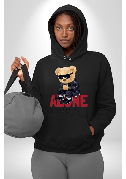 Yalnız ve Havalı Oyuncak Ayı Kadın Erkek Baskılı Üç Iplik Siyah Kapüşonlu Hodie Sweatshirt fırsatları