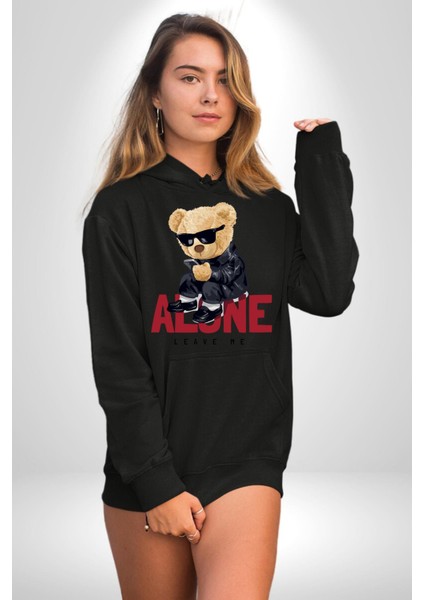 Yalnız ve Havalı Oyuncak Ayı Kadın Erkek Baskılı Üç Iplik Siyah Kapüşonlu Hodie Sweatshirt indirimleri