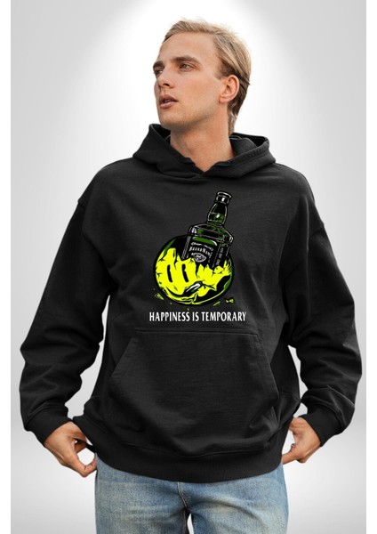 Gülen Surat Mutluluk Geçicidir Kadın Erkek Baskılı Üç Iplik Siyah Kapüşonlu Hodie Sweatshirt