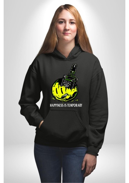Gülen Surat Mutluluk Geçicidir Kadın Erkek Baskılı Üç Iplik Siyah Kapüşonlu Hodie Sweatshirt modelleri