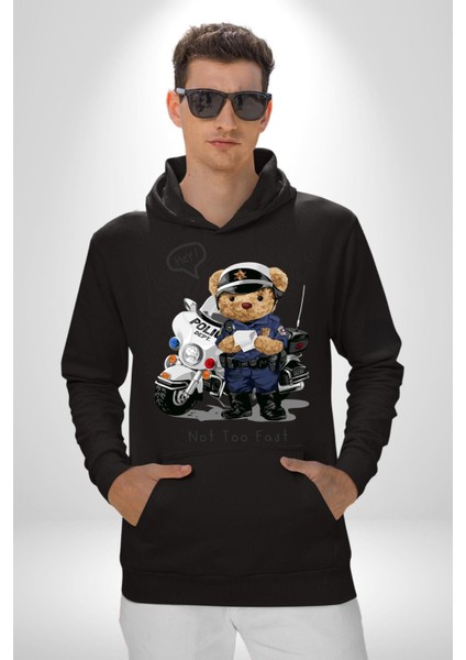 Trafik Polisi Motorcu Oyuncak Ayı Kadın Erkek Baskılı Üç Iplik Siyah Kapüşonlu Hodie Sweatshirt