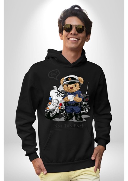Trafik Polisi Motorcu Oyuncak Ayı Kadın Erkek Baskılı Üç Iplik Siyah Kapüşonlu Hodie Sweatshirt