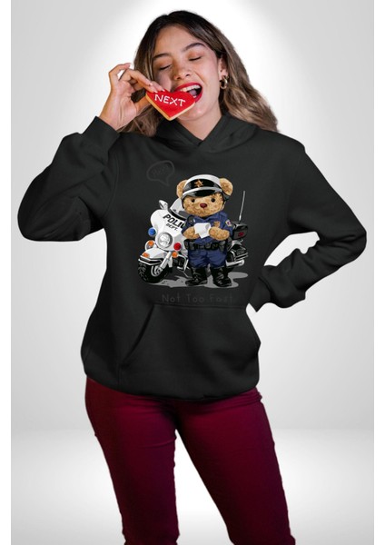 Trafik Polisi Motorcu Oyuncak Ayı Kadın Erkek Baskılı Üç Iplik Siyah Kapüşonlu Hodie Sweatshirt