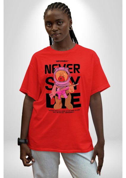 Asla Yalana Söyleme Havalı Ayıcık Kadın Erkek Ön Baskılı Kırmızı Pamuklu Tişört Penye Klasik