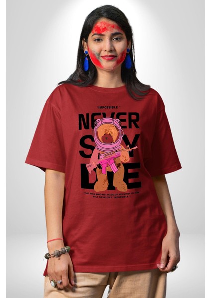 Asla Yalana Söyleme Havalı Ayıcık Kadın Erkek Ön Baskılı Kırmızı Pamuklu Tişört Penye Klasik indirimleri