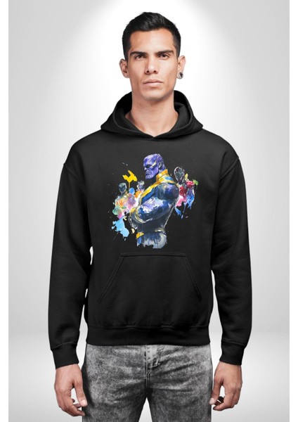 Thanos Iron Man Efsaneler Kadın Erkek Baskılı Üç Iplik Siyah Kapüşonlu Hodie Sweatshirt