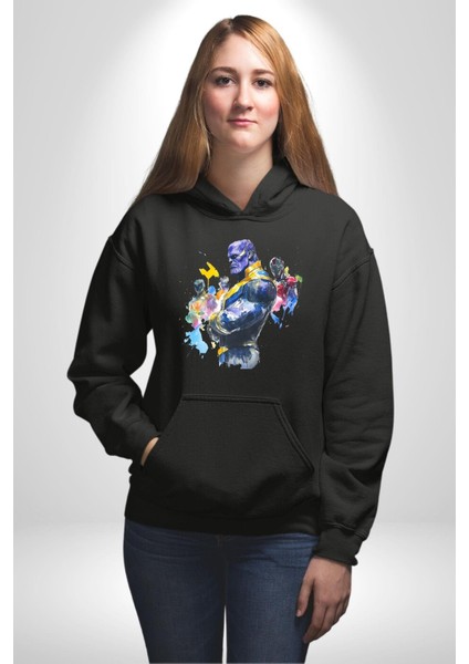 Thanos Iron Man Efsaneler Kadın Erkek Baskılı Üç Iplik Siyah Kapüşonlu Hodie Sweatshirt