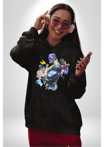Thanos Iron Man Efsaneler Kadın Erkek Baskılı Üç Iplik Siyah Kapüşonlu Hodie Sweatshirt