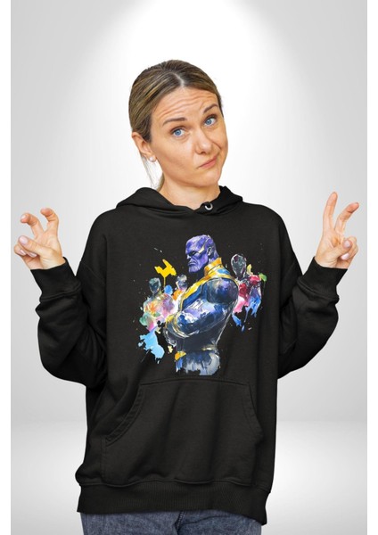 Thanos Iron Man Efsaneler Kadın Erkek Baskılı Üç Iplik Siyah Kapüşonlu Hodie Sweatshirt