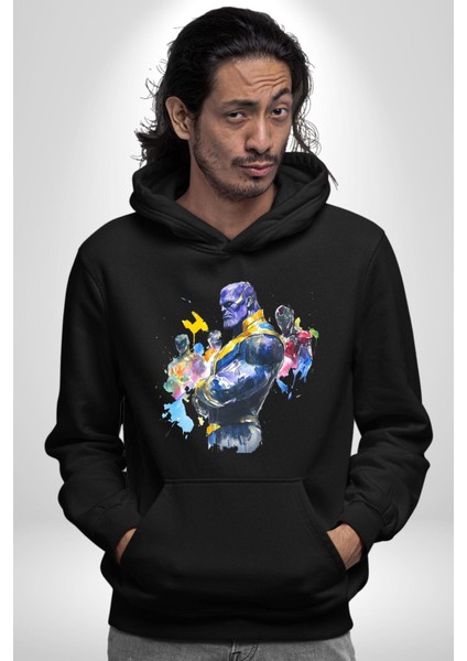 Thanos Iron Man Efsaneler Kadın Erkek Baskılı Üç Iplik Siyah Kapüşonlu Hodie Sweatshirt