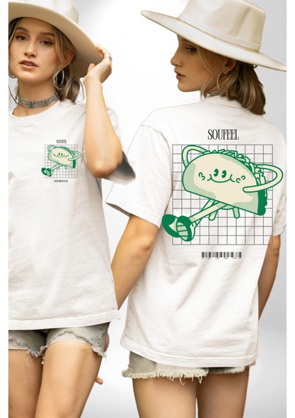 Sokak Tarzı Tako Modern Tasarım Kadın Erkek Ön Minimal Sırt Baskılı Beyaz Pamuklu Tişört