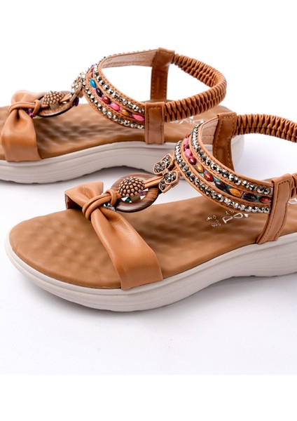 DM-608 Taba Taşlı Arka Lastikli Günlük Kadın Sandalet
