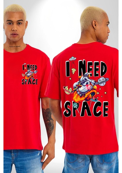 Bana Uzay Lazım Astronot Gezegenler Kadın Erkek Ön Minimal Sırt Baskılı Kırmızı Pamuklu Tişört