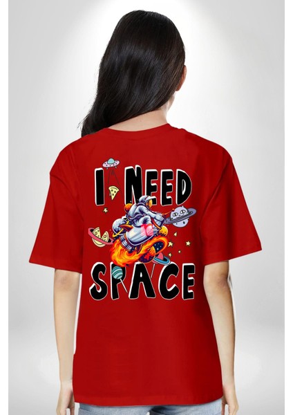 Bana Uzay Lazım Astronot Gezegenler Kadın Erkek Ön Minimal Sırt Baskılı Kırmızı Pamuklu Tişört fiyatları
