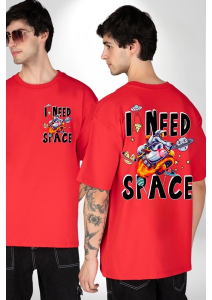 Bana Uzay Lazım Astronot Gezegenler Kadın Erkek Ön Minimal Sırt Baskılı Kırmızı Pamuklu Tişört fırsatları