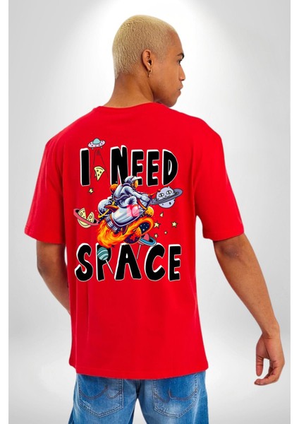 Bana Uzay Lazım Astronot Gezegenler Kadın Erkek Ön Minimal Sırt Baskılı Kırmızı Pamuklu Tişört indirimleri