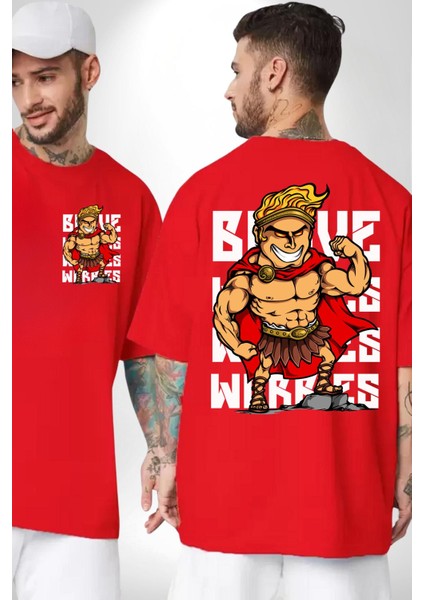 This Is Sparta Spartalı Asker Kaslı Kadın Erkek Ön Minimal Sırt Baskılı Kırmızı Pamuklu Tişört