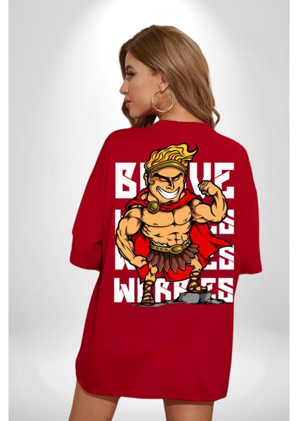 This Is Sparta Spartalı Asker Kaslı Kadın Erkek Ön Minimal Sırt Baskılı Kırmızı Pamuklu Tişört indirimleri