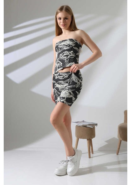 Kadın Siyah Bej Croplu Kabartmalı Etek Takım MSC401 fırsatları