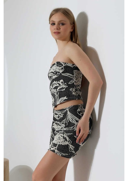 Kadın Siyah Bej Croplu Kabartmalı Etek Takım MSC401 indirimleri