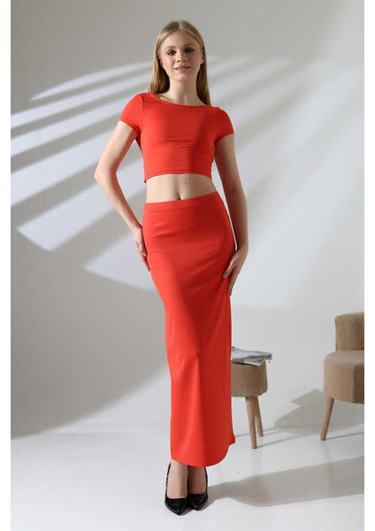 Kadın Kızılcık Sırt Dekolteli Uzun Etek Takım MSC498
