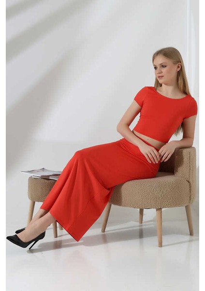 Kadın Kızılcık Sırt Dekolteli Uzun Etek Takım MSC498 fırsatları