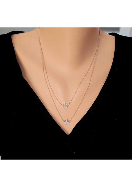 925 Ayar Rose Gümüş Taç 2 Zincir Kolye