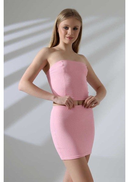 Kadın Pembe Croplu Etek Takım MSC400