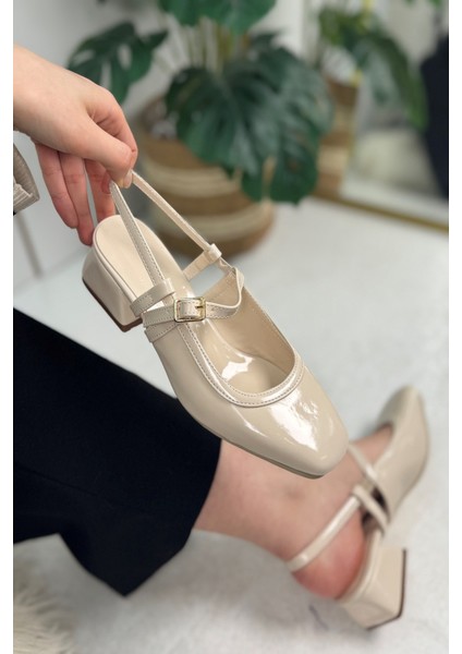 Günlük Kadın Ayakkabı Abiye Kalın Kısa Topuk Arka Açık Önü Kapalı Tokalı Bantlı Küt Burun Babet 022