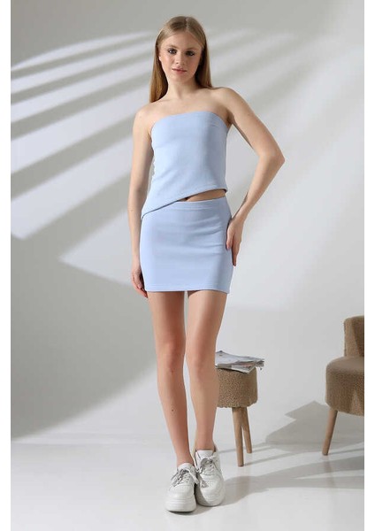 Kadın Mavi Croplu Kabartmalı Etek Takım MSC401