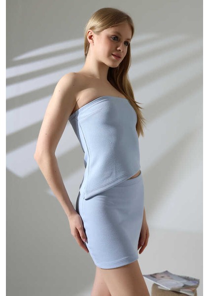 Kadın Mavi Croplu Kabartmalı Etek Takım MSC401 fiyatları