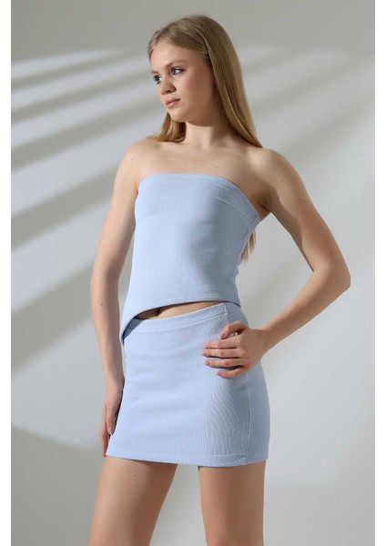 Kadın Mavi Croplu Kabartmalı Etek Takım MSC401 modelleri