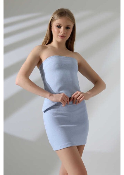 Kadın Mavi Croplu Kabartmalı Etek Takım MSC401 fırsatları