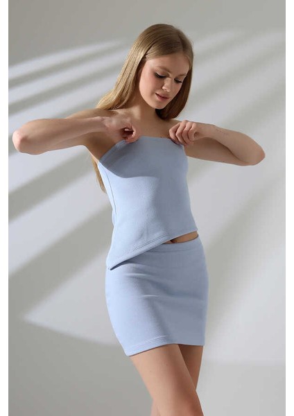 Kadın Mavi Croplu Kabartmalı Etek Takım MSC401 indirimleri