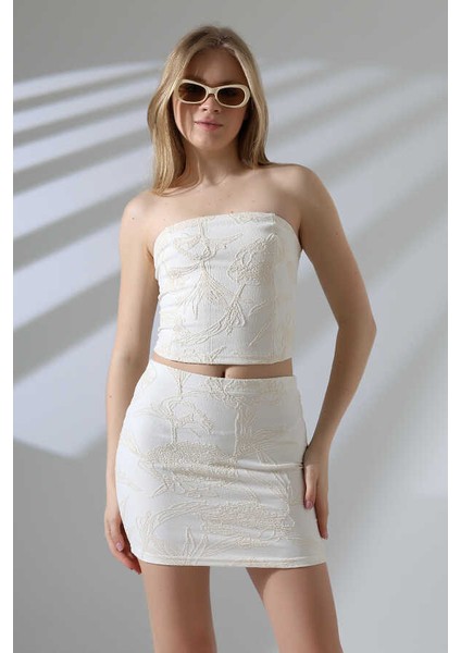 Kadın Krem Croplu Etek Takım MSC400