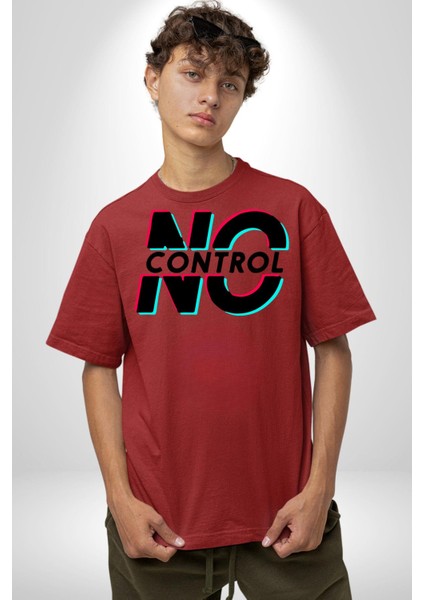 Kontrol Yok Glitch Yazı Kadın Erkek Ön Baskılı Kırmızı Pamuklu Tişört Penye Klasik modelleri