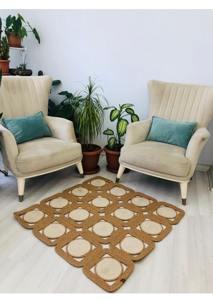 Jüt Hasır Görünümlü Desenli Modern El Örgüsü Dikdörtgen Halı Kilim