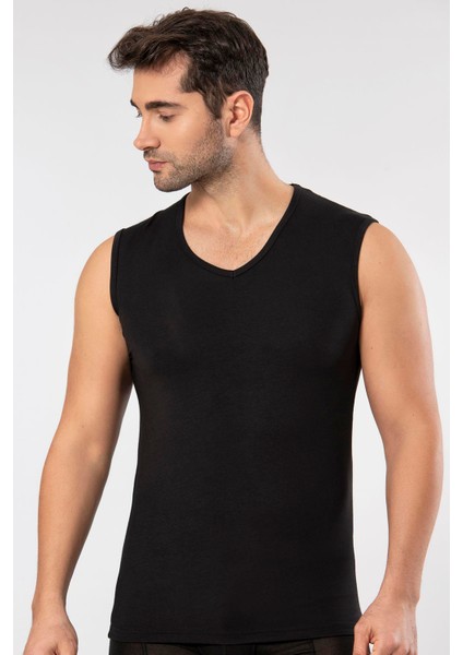 Siyah Süper Ince Erkek Doğal Bambu Lüks Kolsuz V Yaka Atlet