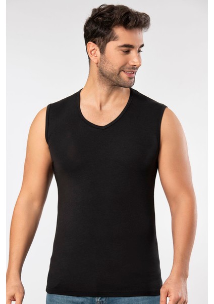 Siyah Süper Ince Erkek Doğal Bambu Lüks Kolsuz V Yaka Atlet indirimleri