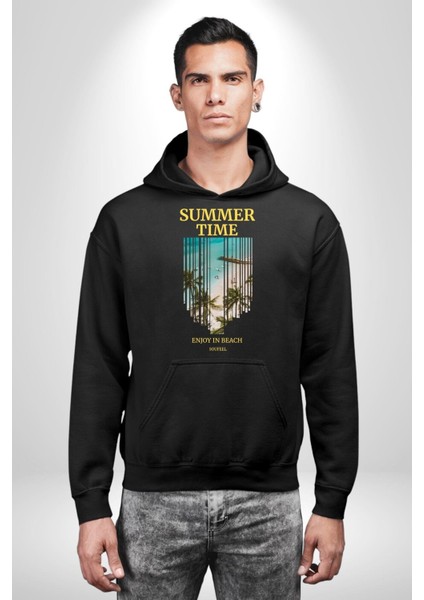 Yaz Zamanında Plaj Keyfi Kadın Erkek Baskılı Üç Iplik Siyah Kapüşonlu Hodie Sweatshirt