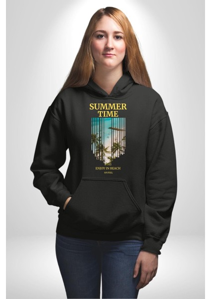 Yaz Zamanında Plaj Keyfi Kadın Erkek Baskılı Üç Iplik Siyah Kapüşonlu Hodie Sweatshirt
