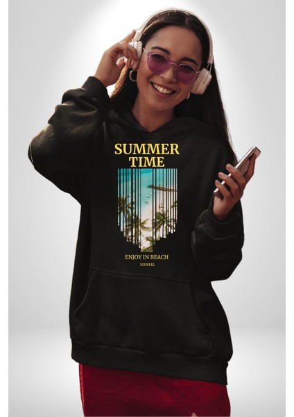 Yaz Zamanında Plaj Keyfi Kadın Erkek Baskılı Üç Iplik Siyah Kapüşonlu Hodie Sweatshirt