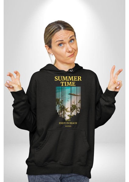 Yaz Zamanında Plaj Keyfi Kadın Erkek Baskılı Üç Iplik Siyah Kapüşonlu Hodie Sweatshirt