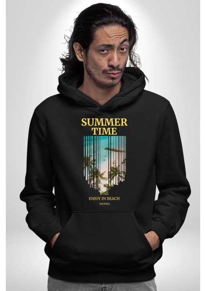 Yaz Zamanında Plaj Keyfi Kadın Erkek Baskılı Üç Iplik Siyah Kapüşonlu Hodie Sweatshirt