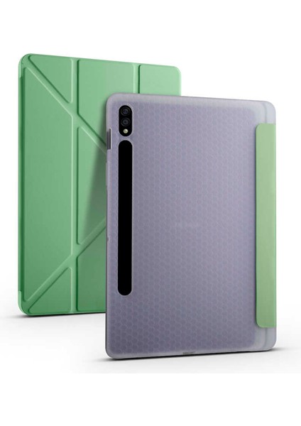 Samsung Galaxy Tab S7 Plus T970 Kılıf Uyumlu Zore Tri Folding Kalem Bölmeli Standlı Kılıf-Açık Yeşil