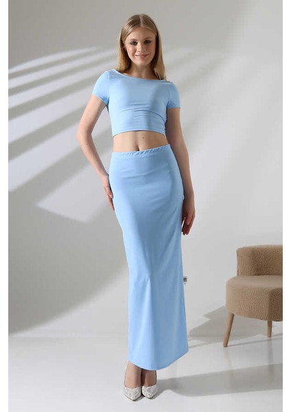 Kadın Mavi Sırt Dekolteli Uzun Etek Takım MSC498