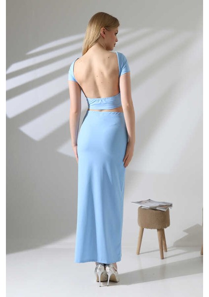 Kadın Mavi Sırt Dekolteli Uzun Etek Takım MSC498 fiyatları