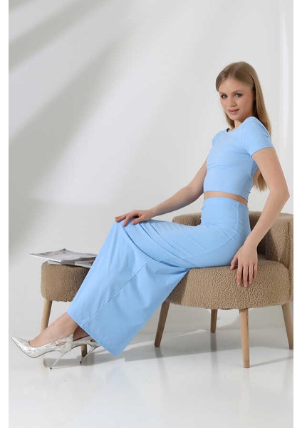 Kadın Mavi Sırt Dekolteli Uzun Etek Takım MSC498 modelleri