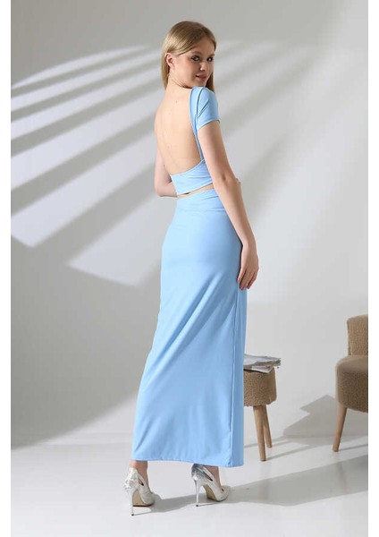 Kadın Mavi Sırt Dekolteli Uzun Etek Takım MSC498 fırsatları